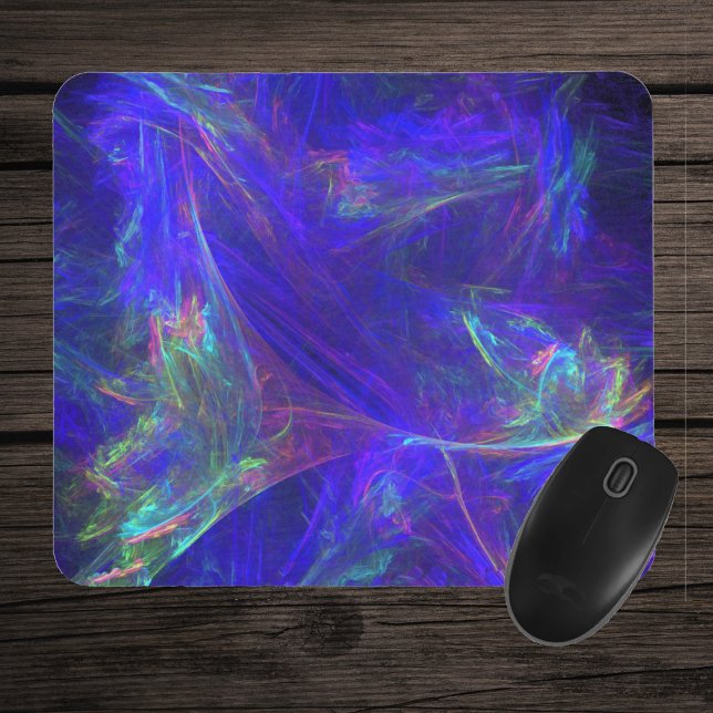 Abstract Blue Colorful Mists Mouse Pad (Abstract cosmic design swirls of misty vibrant greens, pinks, blues on deep blue mousepad.)