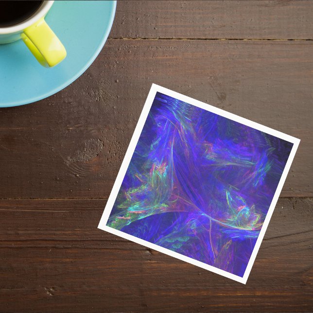 Abstract Blue Colorful Mists Paper Napkins (Cosmic abstract pattern swirls of vibrant pinks greens on deep blue on napkins.)