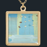 Abstract Blue Egg Parade Gold Plated Necklace<br><div class="desc">Blue,  white and brown eggs parade on strings in this abstract painting by June Erica Vess. Separated into different panels,  this piece features different shades of blue in the background as well as green. Get yours today!</div>