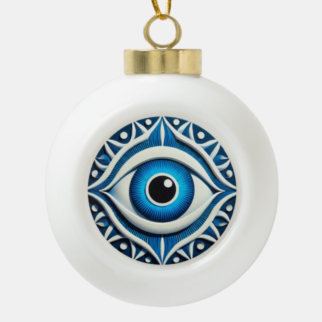 Abstract Blue Evil Eye Symbol Ceramic Ball Christmas Ornament (Front)