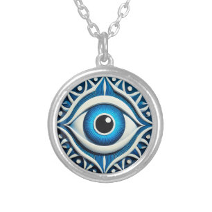 Abstract Blue Evil Eye Symbol Silver Plated Necklace