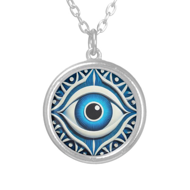 Abstract Blue Evil Eye Symbol Silver Plated Necklace (Front)