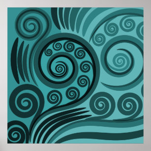 Abstract Blue Fern Frond Curls Poster