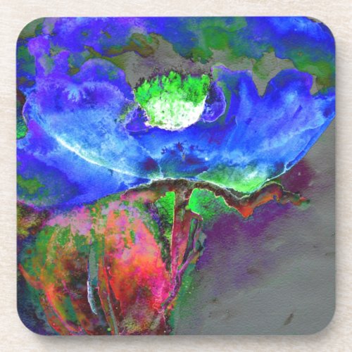 Abstract blue floral blue watercolor poppy beverage coaster