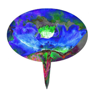 Abstract blue floral blue watercolor poppy cake topper
