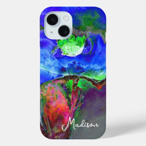 Abstract blue floral blue watercolor poppy iPhone 15 case