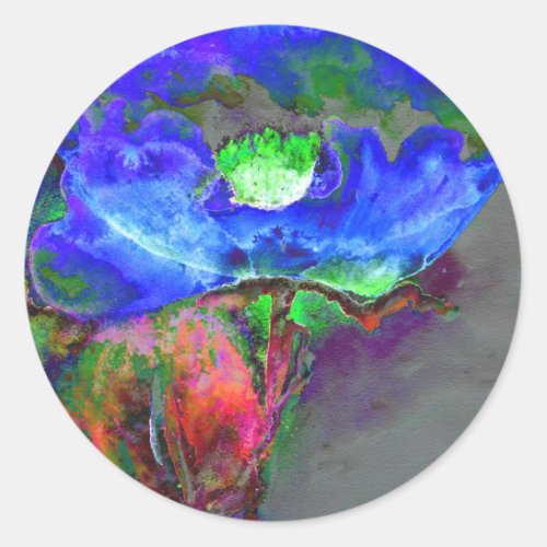 Abstract blue floral blue watercolor poppy classic round sticker