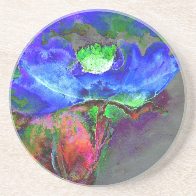 Abstract blue floral blue watercolor poppy coaster (Front)