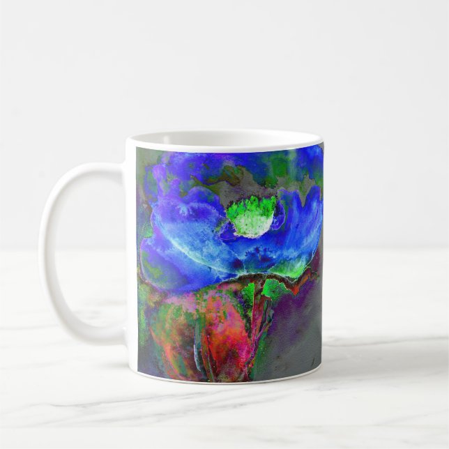 Abstract blue floral blue watercolor poppy coffee mug (Left)