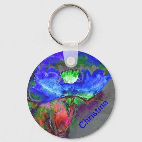 Abstract blue floral blue watercolor poppy keychain