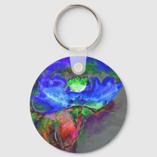 Abstract blue floral blue watercolor poppy keychain