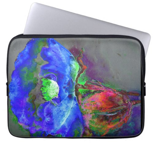 Abstract blue floral blue watercolor poppy laptop sleeve