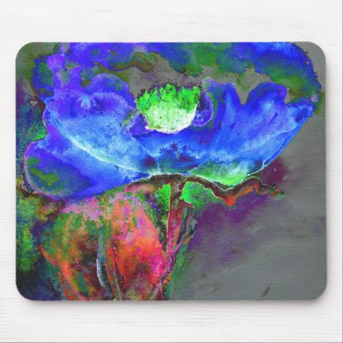 Abstract blue floral blue watercolor poppy mouse pad