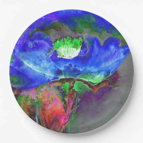 Abstract blue floral blue watercolor poppy paper plates