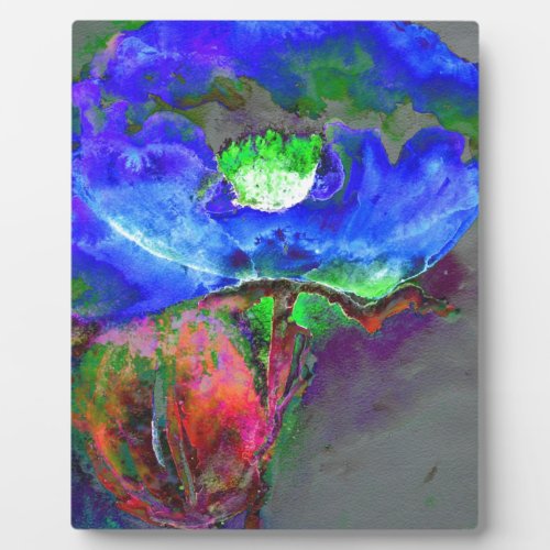 Abstract blue floral blue watercolor poppy plaque