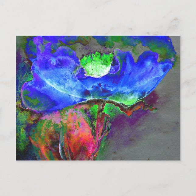 Abstract blue floral blue watercolor poppy postcard (Front)