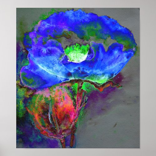 Abstract blue floral blue watercolor poppy poster