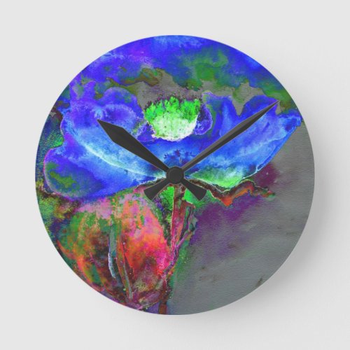 Abstract blue floral blue watercolor poppy round clock