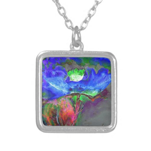 Abstract blue floral blue watercolor poppy silver plated necklace