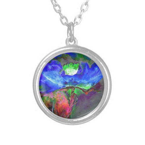 Abstract blue floral blue watercolor poppy silver plated necklace