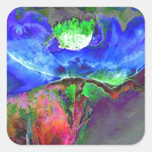 Abstract blue floral blue watercolor poppy square sticker