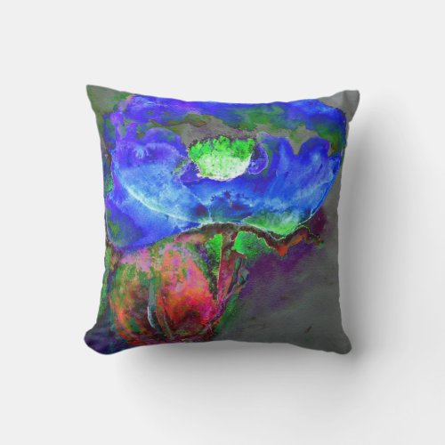Abstract blue floral blue watercolor poppy throw pillow