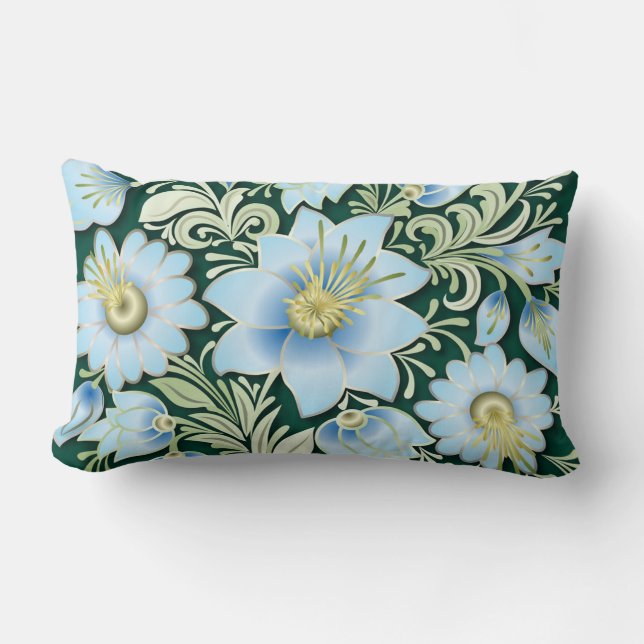 Abstract Blue Floral Ornament on Green Background Lumbar Pillow (Front)