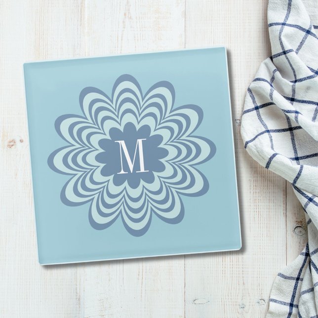 Abstract Blue Flower Custom Monogram Initial  Glass Coaster (Creator Uploaded)