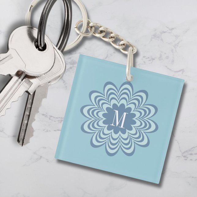 Abstract Blue Flower Custom Monogram Initial  Keychain (Creator Uploaded)