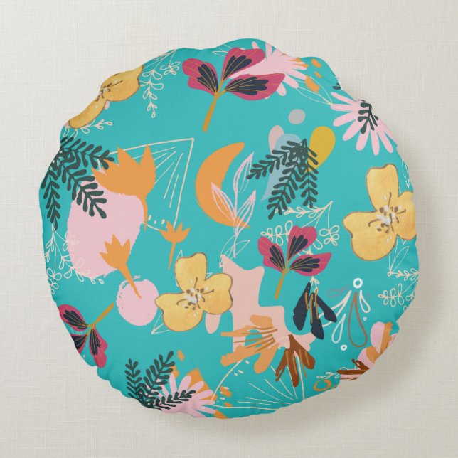 Abstract Blue flower patterns Round Pillow (Back)