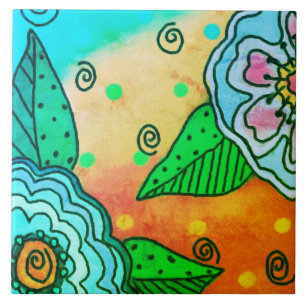 Abstract Blue Flowers Ceramic Tile