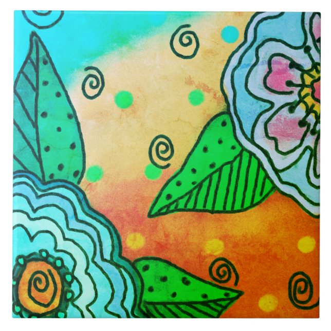 Abstract Blue Flowers Ceramic Tile (Front)