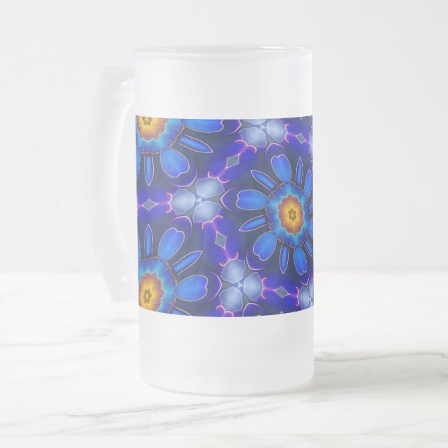 Abstract Blue Flowers Pattern Frosted Glass Beer Mug (Front Left)