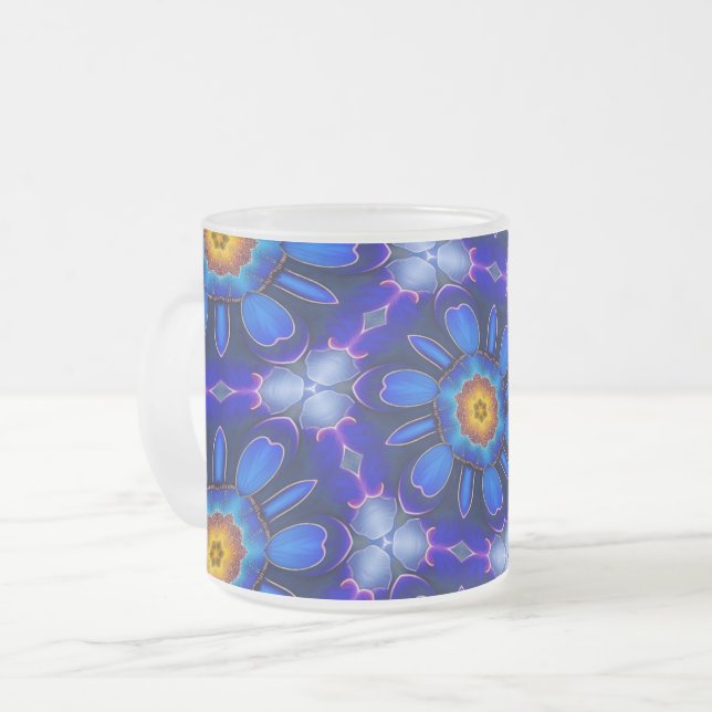 Abstract Blue Flowers Pattern Frosted Glass Coffee Mug (Front Left)