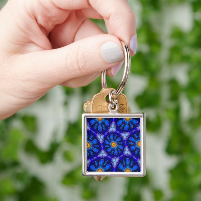 Abstract Blue Flowers Pattern Keychain (Hand)
