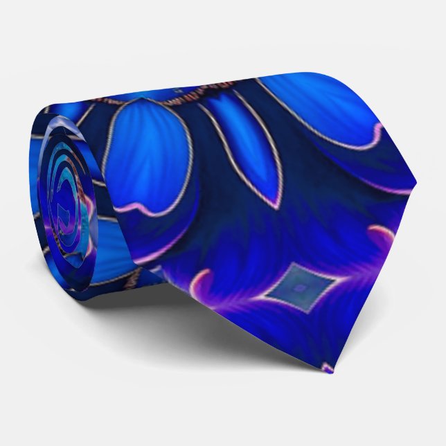 Abstract Blue Flowers Pattern Neck Tie (Rolled)
