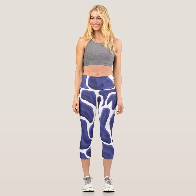 Abstract Blue Fluid Shapes – 3D Modern Art Capri Leggings (Front)