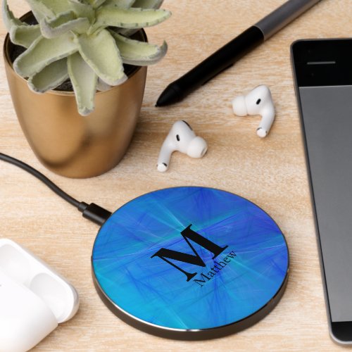 Abstract Blue Fractal Black Monogram Wireless Charger