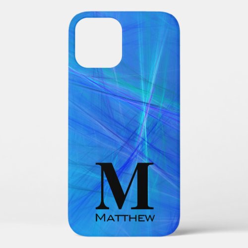 Abstract Blue Fractal Flame Black Monogram iPhone 12 Case