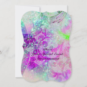 ABSTRACT BLUE GEM,PINK TEAL PURPLE WAVES ,SPARKLES INVITATION