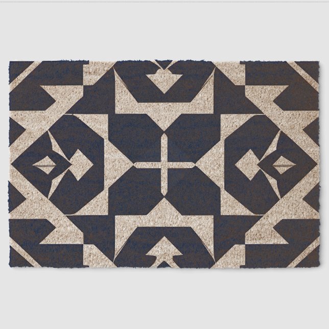 Abstract Blue Geometric Design Fiber Doormat (Front)