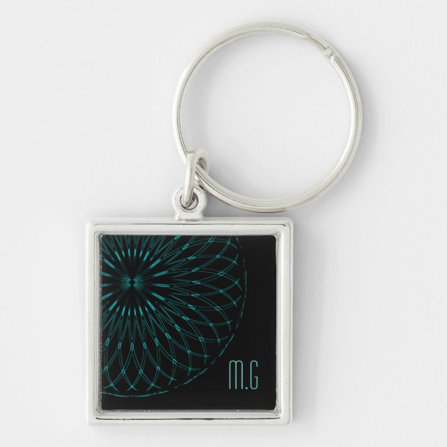 Abstract Blue Geometric Graphic Black Monogram Keychain (Front)