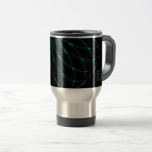 Abstract Blue Geometric Graphic Black Monogram Travel Mug