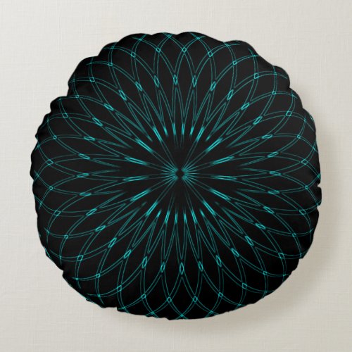 Abstract Blue Geometric Graphic Black Round Pillow