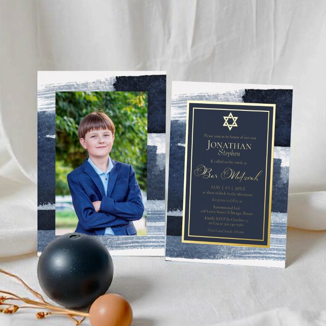 Abstract Blue Gilded Photo Bar Mitzvah Real Foil Invitation (Creator Uploaded)