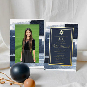Abstract Blue Gilded Photo Bat Mitzvah Real Foil Invitation