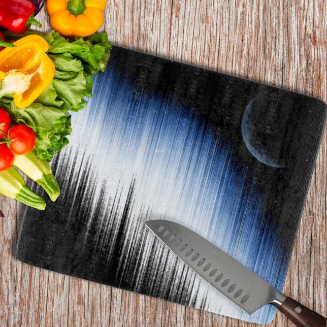 Abstract Blue Glitch Art Crescent Moon Night Sky Cutting Board (Spectrum And Moon Cutting Board by Looly Elzayat)