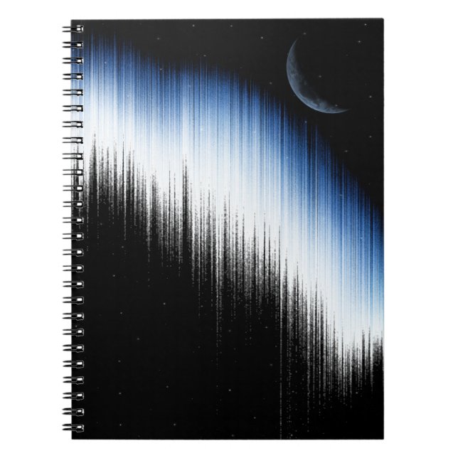 Abstract Blue Glitch Art Crescent Moon Night Sky Notebook (Front)