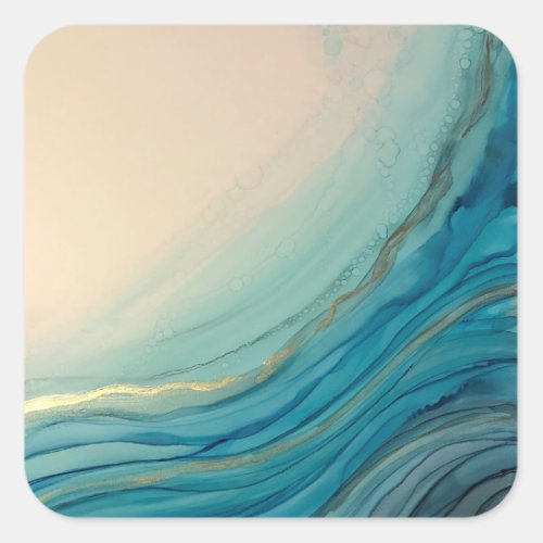 Abstract blue gold alcohol ink art beach waves square sticker