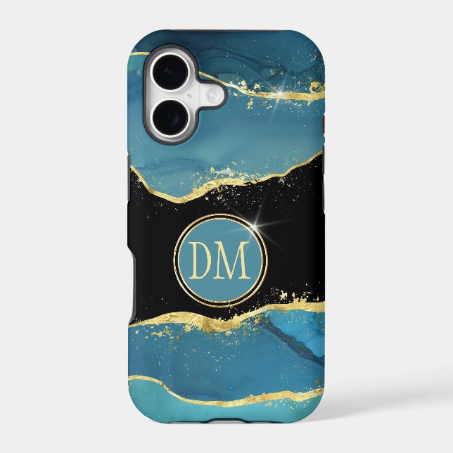 Abstract Blue Gold Alcohol Ink Monogram Case-Mate iPhone Case (Back)